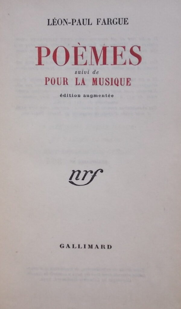 FARGUE (Léon Paul) Poèmes, suivi de Pour la musique. Paris, Gallimard, 1947. – Image 2