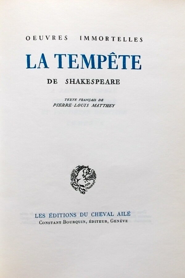 [MATTHEY (Pierre-Louis)] - SHAKESPEARE La tempête. Genève, Le Cheval Ailé - Constant Bourquin, 1944. – Image 2