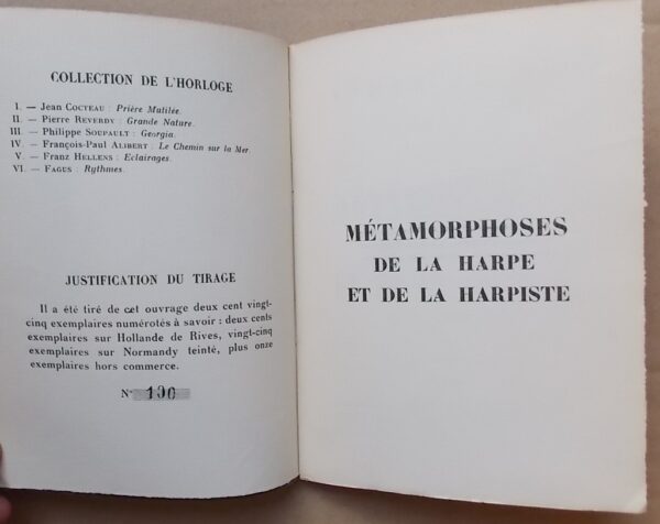 SALMON (André) Métamorphoses de la harpe et de la harpiste. Paris, Editions des Cahiers Libres (Collection de l'Horloge), 1926. – Image 2