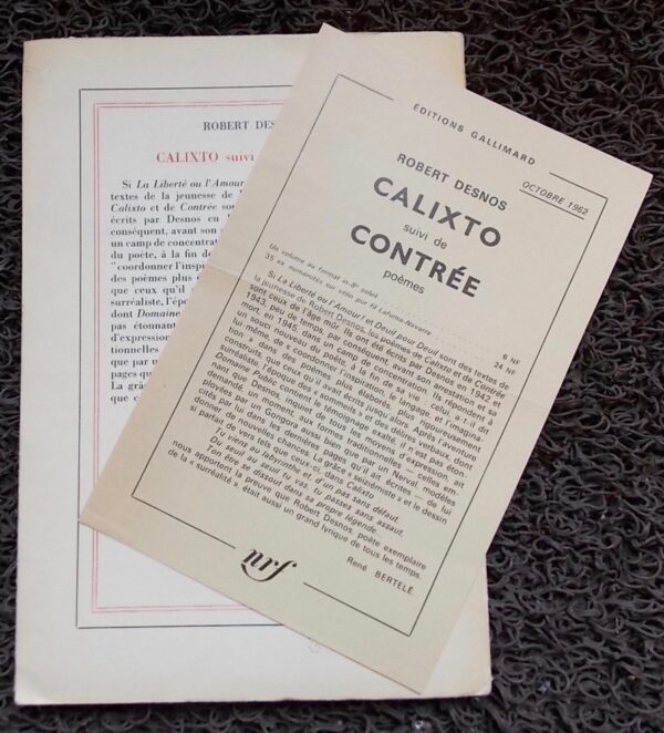 DESNOS (Robert) Calixto, suivi de Contrée. Paris, Gallimard, 1962. – Image 2