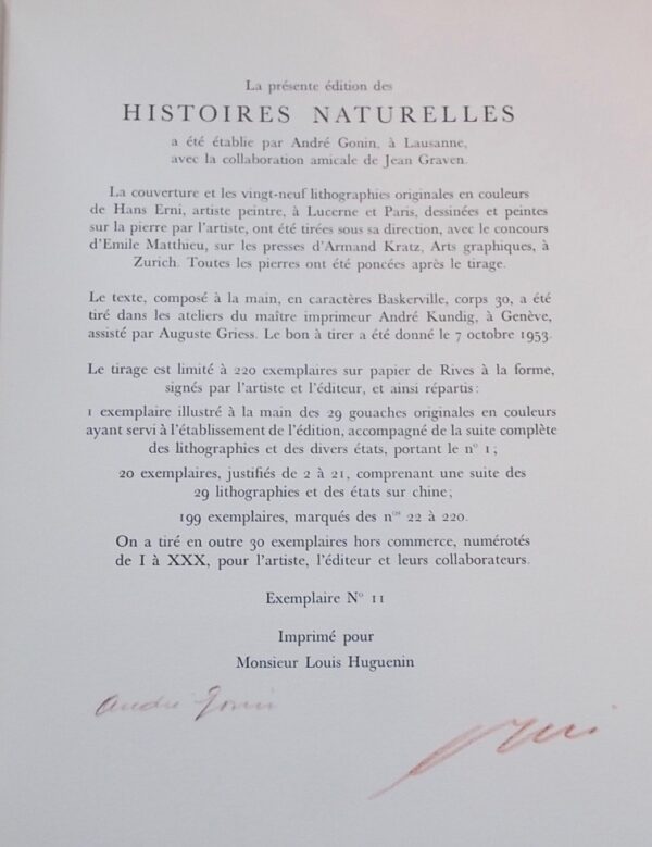 [ERNI] - RENARD (Jules) Histoires naturelles. Lausanne, André Gonin, 1953. – Image 5