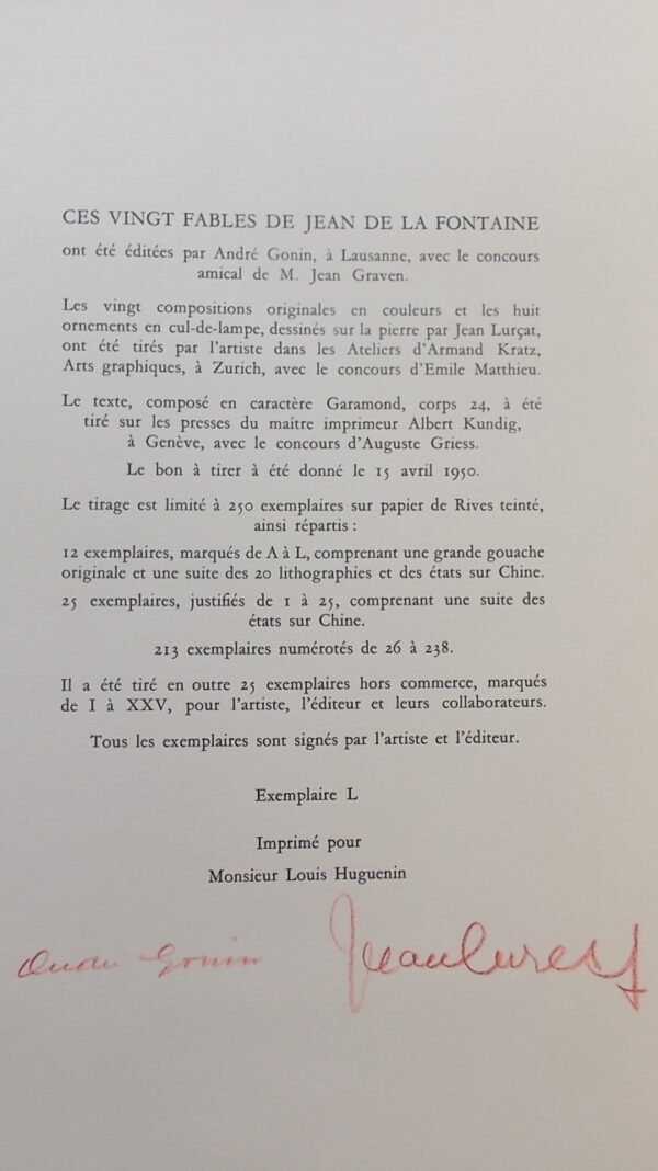 [LURCAT] - LA FONTAINE (Jean de) Vingt Fables illustrées de lithographies originales et d'ornements par Jean Lurçat. Lausanne, André Gonin, 1950. – Image 5
