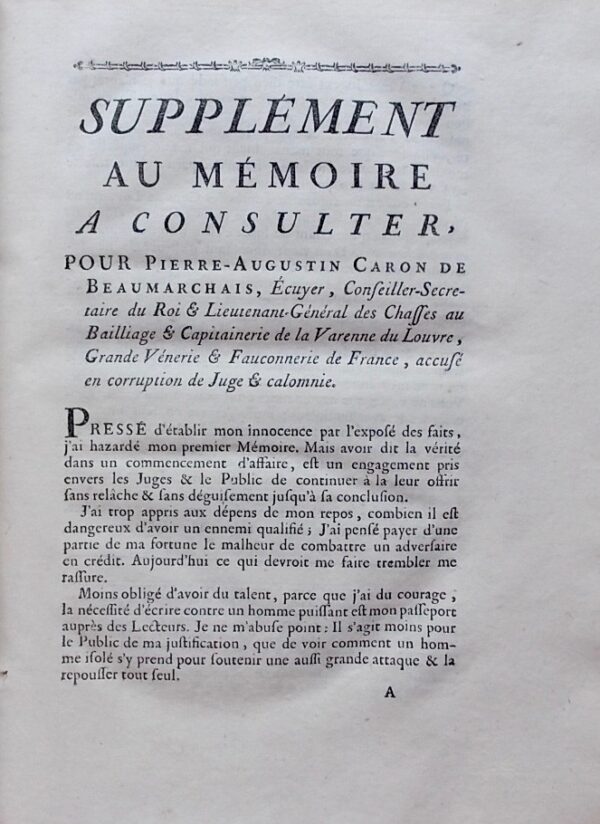 BEAUMARCHAIS (Pierre Augustin Caron de) Mémoires de M. Caron de Beaumarchais, Ecuyer, Conseiller-Secrétaire du Roi, Lieutenant-Général des Chasses au Baillage & Capitainerie de la Varenne du Louvre, grande Vénerie & Fauconnerie de France, accusé de corruption de Juge. CONTRE M. Goëzman, [...] Mme Goëzman, & le Sieur Bertrand, [...] Paris, Ruault, 1774. – Image 3