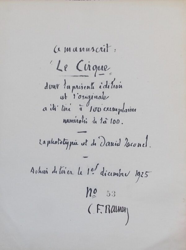 RAMUZ (Charles Ferdinand) Le cirque. [Paris, Georg, 1925].