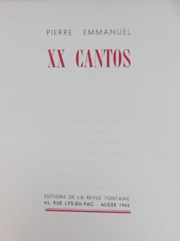 EMMANUEL (Pierre) XX Cantos. Alger, Editions de la Revue Fontaine, 1942. – Image 2