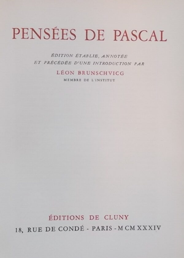 PASCAL (Blaise) Pensées. Paris, Editions de Cluny, 1933. – Image 3