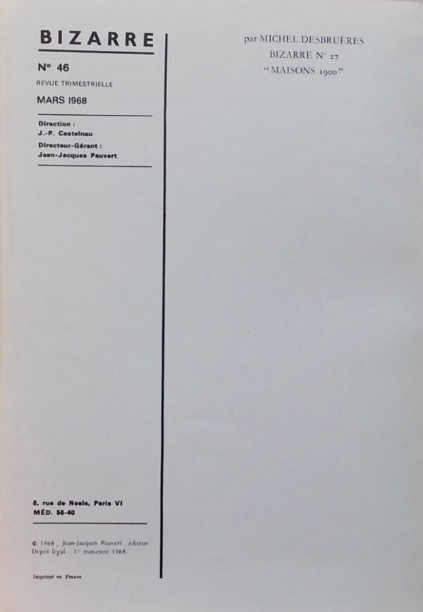 [REVUE] - BIZARRE N° 46. Mars 1968. Romaine Brooks Paris, Libr. J.-J. Pauvert, 1968. – Image 3