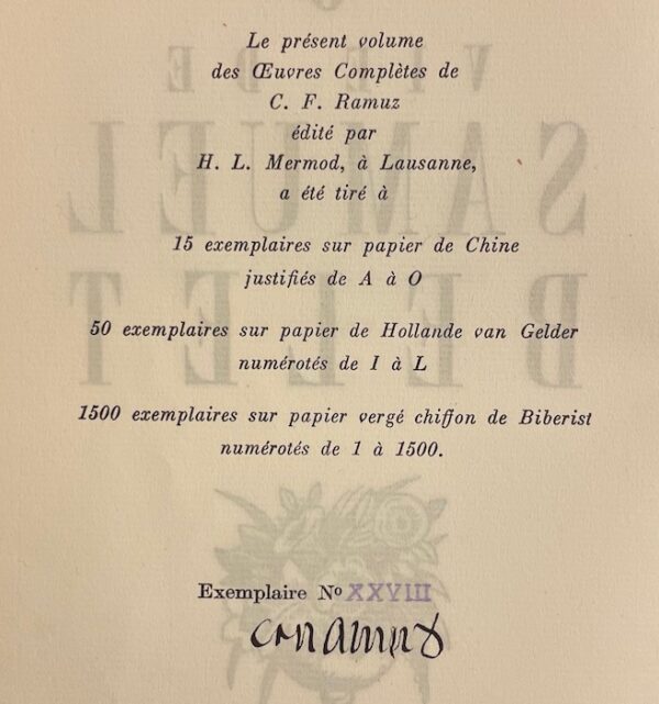 RAMUZ (C. F.) Oeuvres complètes Tome 6: La vie de Samuel Belet. Lausanne, Mermod, 1941. – Image 2