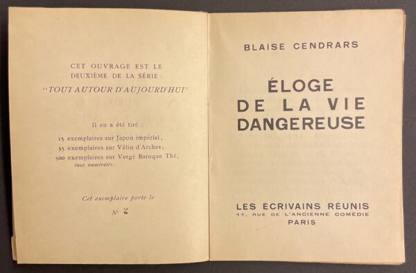CENDRARS (Blaise) Eloge de la vie dangereuse. Paris, Les Ecrivains Réunis, 1926. – Image 2