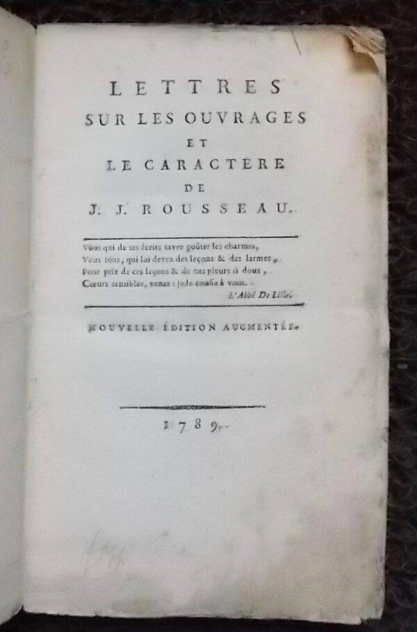 [ROUSSEAU] - STAEL (Germaine, Mademe de) Lettres sur les ouvrages et le caractère de J. J. Rousseau. Nouvelle édition augmentée. Sans lieu et sans nom (Genève ou Paris), 1789. – Image 2