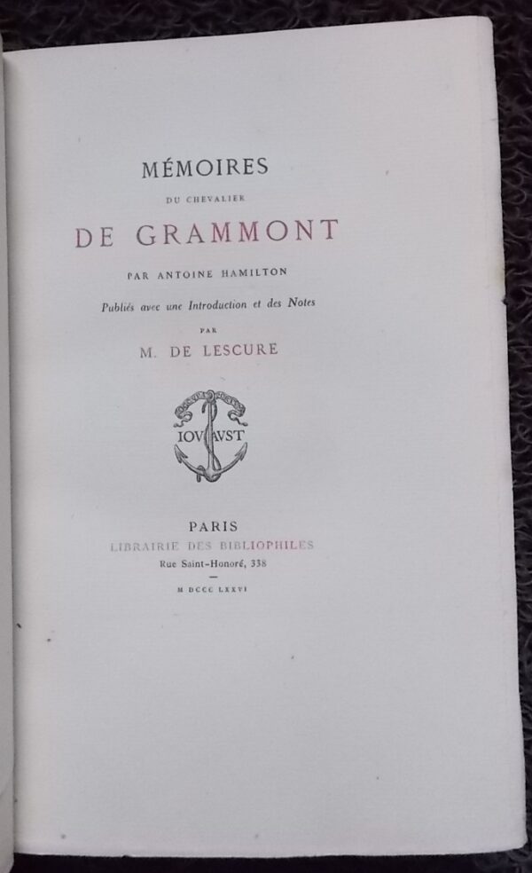 HAMILTON (Antoine) Mémoires du chevalier de Grammont. Paris, Jouaust - Librairie des Bibliophiles, 1876. – Image 3