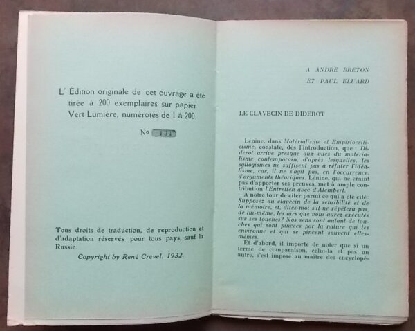 CREVEL (René) Le clavecin de Diderot. Paris, Editions Surréalistes, 1932. – Image 2