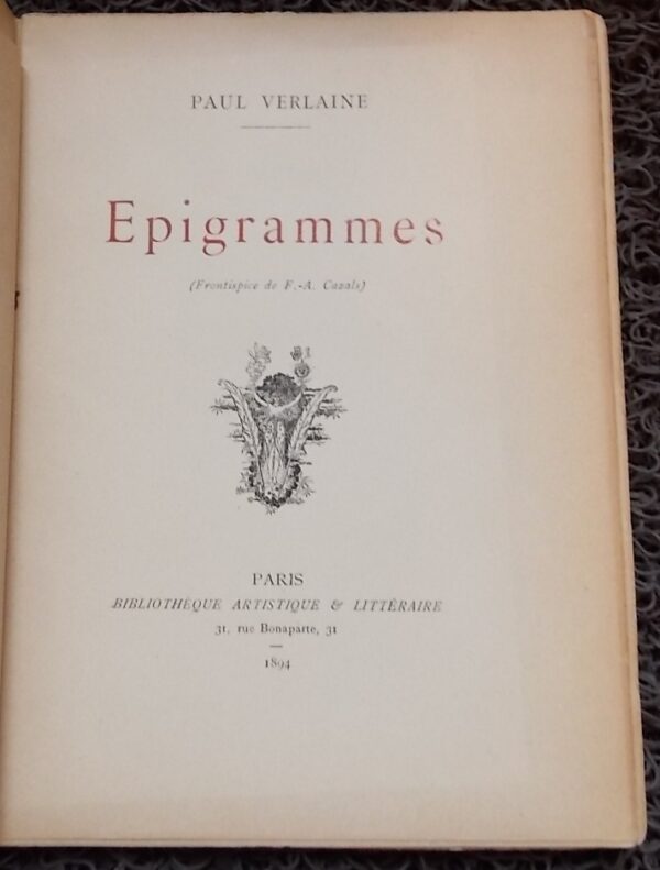 VERLAINE (Paul) Epigrammes. Paris, Bibliothèque artistique et littéraire, 1894. – Image 3