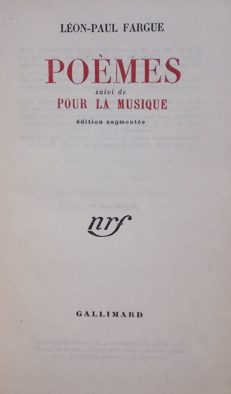 FARGUE (Léon Paul) Poèmes, suivi de Pour la musique. Paris, Gallimard, 1947. – Image 2