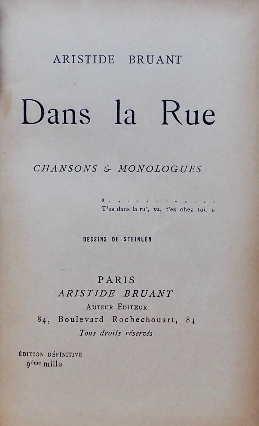 BRUANT (Aristide) Dans la rue I & II (Chansons et monologues). Paris, chez l'auteur, s.d. – Image 3
