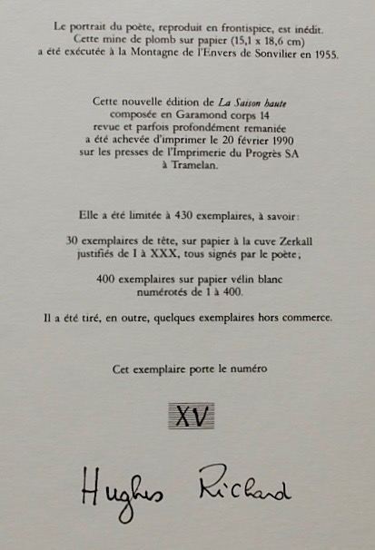 RICHARD (Hughes) La saison haute. Poème. Bienne, Editions Intervalles, 1990. – Image 4
