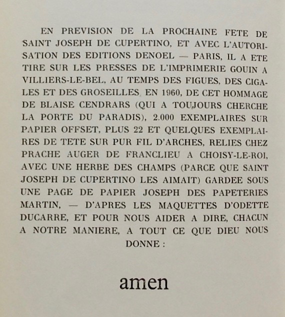 CENDRARS (Blaise) Saint Joseph de Cupertino. Paris, Le Club du Livre Chrétien, 1960. – Image 2