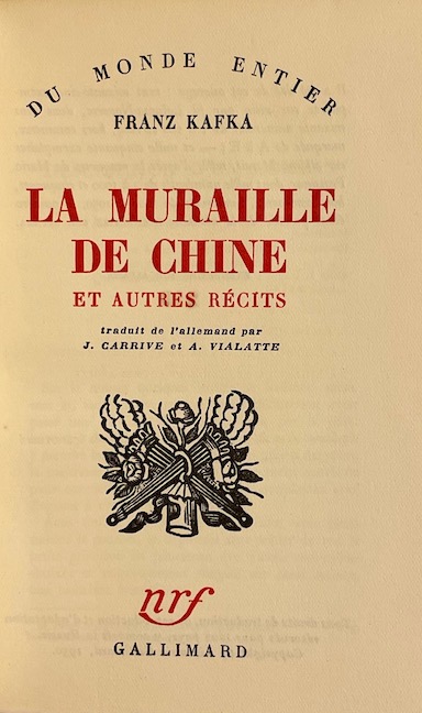 KAFKA (Franz) La muraille de Chine et autres récits. Paris, Gallimard, 1950. – Image 2
