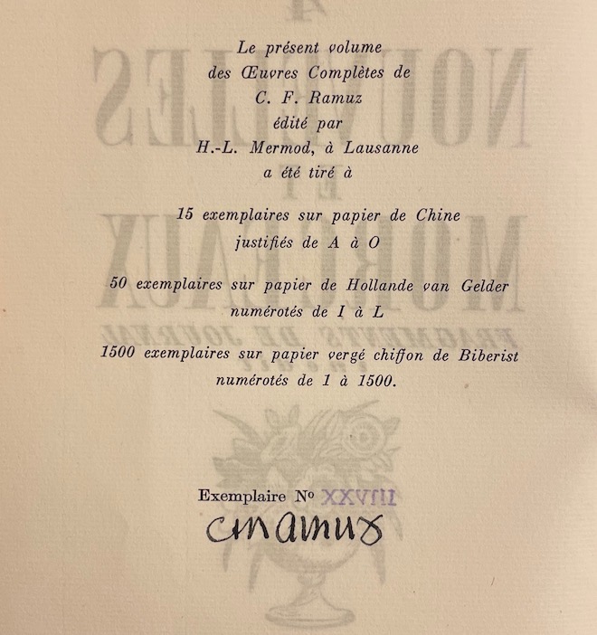 RAMUZ (C. F.) Oeuvres complètes Tome 4: Nouvelles et morceaux; Fragments de journal. Lausanne, Mermod, 1940. – Image 2