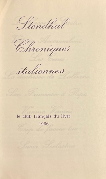 STENDHAL Chroniques italiennes. Paris, Club Français du Livre (coll. Privilège), 1966. – Image 2