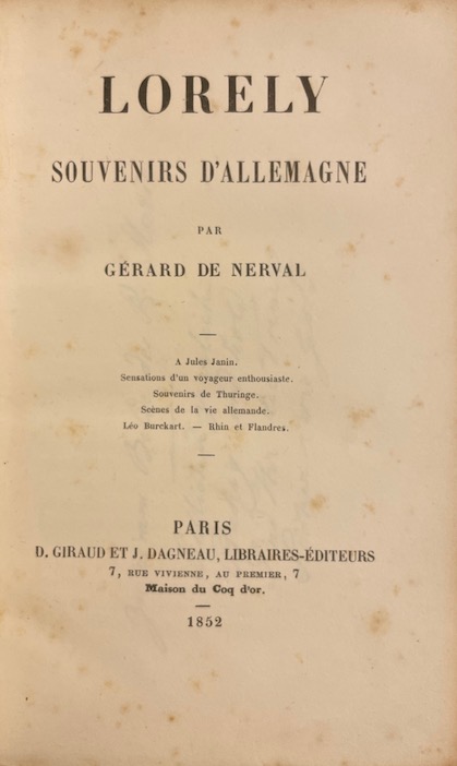 NERVAL (Gérard de) Lorely. Souvenirs d'Allemagne. Paris, D. Giraud et J. Dagneau, 1852. – Image 2