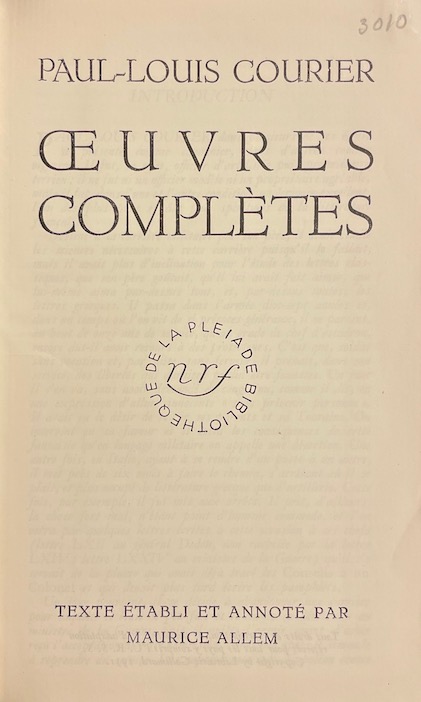 COURIER (Paul-Louis) Oeuvres complètes. Paris, Gallimard (coll. Bibliothèque de la Pléiade), 1951. – Image 2