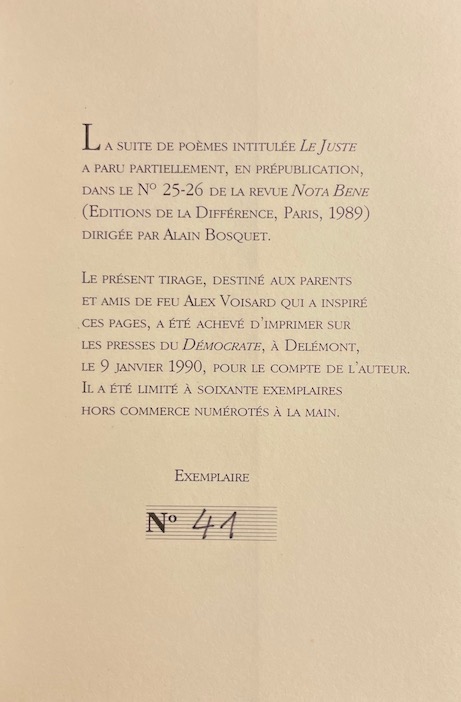 VOISARD (Alexandre) Le juste. Delémont, imprimé pour l'auteur sur les Presses du Démocrate, 1990. – Image 3