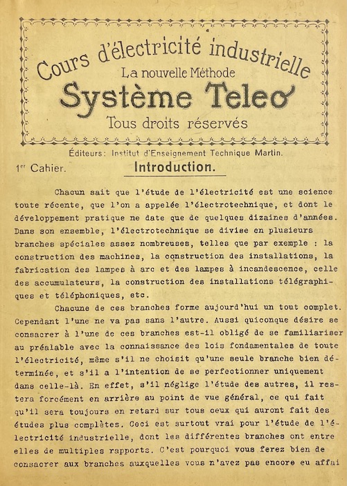 *** Cours d'électricité industrielle. La nouvelle Méthode Système Teleo. Sans lieu, Institut d'Enseignement Technique Martin, sans date (vers 1930 sans doute). – Image 3