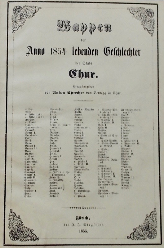SPRECHER (Anton) Wappen der Anno 1854 lebenden Geschlechter der Stadt Chur Zurich, J. Siegfried, 1855. – Image 2