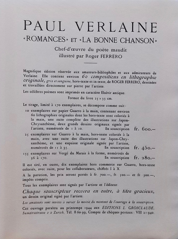 VERLAINE (Paul) - FERRERO (Roger) Romances et la bonne chanson. Zurich, Louis Grosclaude, 1944. – Image 2