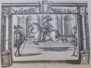 PLUVINEL (Antoine de) L'Instruction du Roy en l'exercice de monter a cheval, [...]. Lequel respondant a Sa Majeste lui fait remarquer l'excellence de sa methode pour reduire les chevaux en peu de temps a l'obeissance des justes proportions de tous les plus beaux airs et maneges. Le tout enrichy de grandes figures en taille douce, representant les vraies et naives actions des Hommes et des Chevaux en tous les airs, et maneges, courses de bague, rompre en lice au Quintan, et Combattre a l'Epee, ensemble les figures des Brides, les plus necessaires a cet usage, dessinees et gravees par Crispian de Pas. Vitry-sur-Seine, Editions GRIFF, 1976.