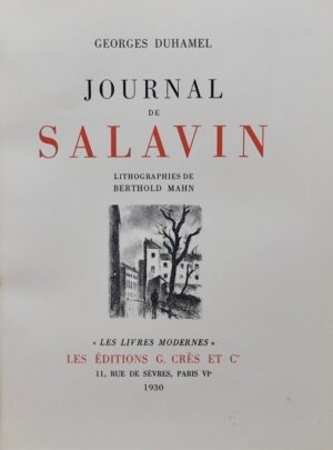 DUHAMEL (Georges) Le journal de Salavin. Paris, G. Crès et Cie (coll. Les Livres modernes), 1930.