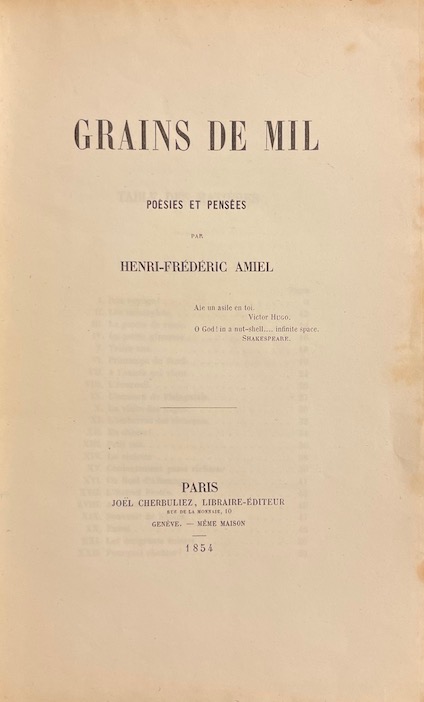 AMIEL (Henri-Frédéric) Grains de Mil. Poésies et pensées. Paris et Genève, Joël Cherbuliez, 1854. – Image 2