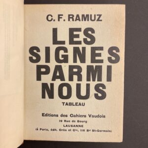 RAMUZ (C. F.) Les signes parmi nous. Lausanne, Les Cahiers Vaudois, [1919].
