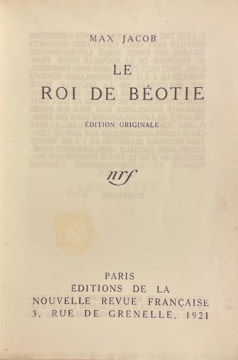 JACOB (Max) Le Roi de Béotie Paris, Editions de la NRF, 1921. – Image 2