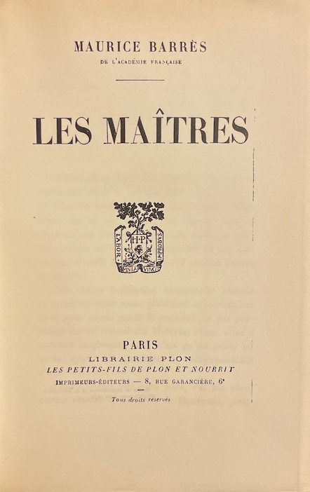 BARRES (Maurice) Les maîtres. Paris, Plon, 1927. – Image 2