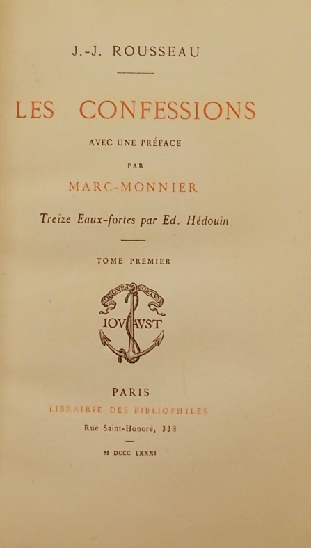 ROUSSEAU (Jean-Jacques) Les confessions. Paris, Librairie des Bibliophiles - Jouaust, 1881. – Image 2