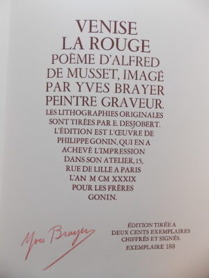 BRAYER (Yves) - MUSSET (Alfred de) Venise la Rouge. Paris, Gonin, 1939.