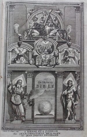 [Bible] - MARTIN (Mr) - SCHOLL (Samuel) La Sainte Bible, du Vieux et du Nouveau Testament. Suivant la version ordinaire des Eglises réformées, revue sur les originaux, et retouchée dans le langage. Avec des préfaces particulières sur chacun des Livres de l'Ecriture sainte, tirées de la Bible de Mr. Martin. Nouvelle édition, revue et corrigée par Samuel Scholl, pasteur de l'Eglise françoise de Bienne. A Bienne et à Yverdon, Jean Christoph Heilmann et Jean Jacques Neubrand, 1746.