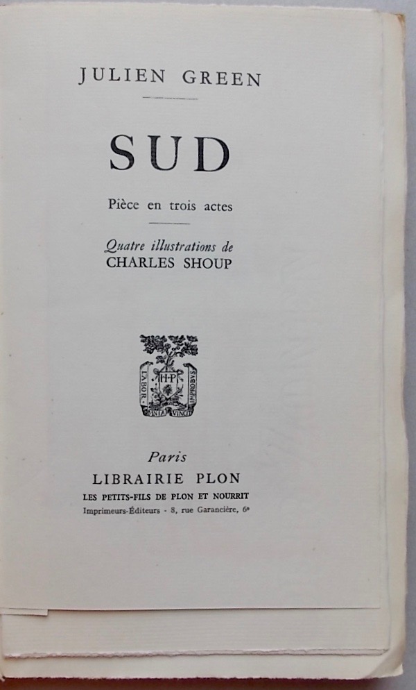 GREEN (Julien) Sud. Pièce en trois actes. Paris, Librairie Plon, 1953. – Image 3
