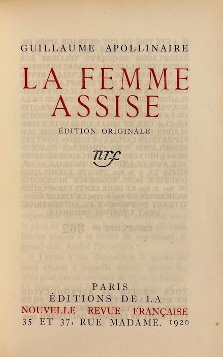 APOLLINAIRE (Guillaume) La femme assise. Paris, Nouvelle Revue Française, 1920. – Image 3