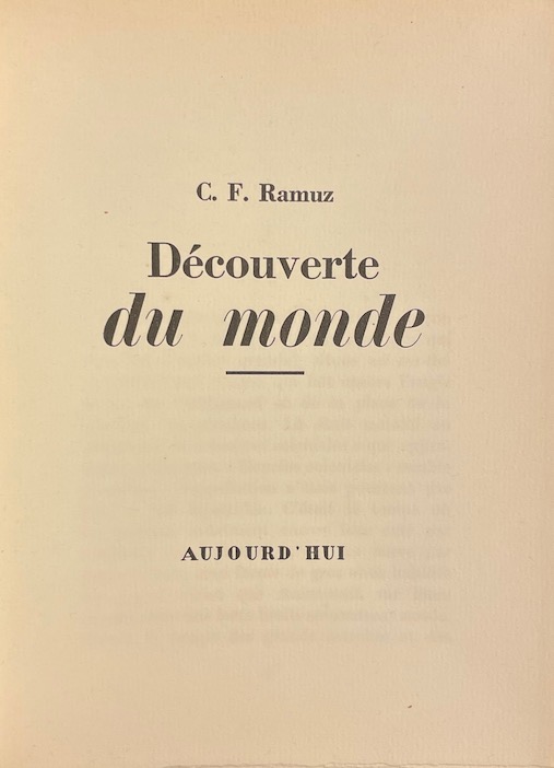RAMUZ (C.-F.) Découverte du monde. Lausanne, Aujourd'hui (Mermod), 1939. – Image 2