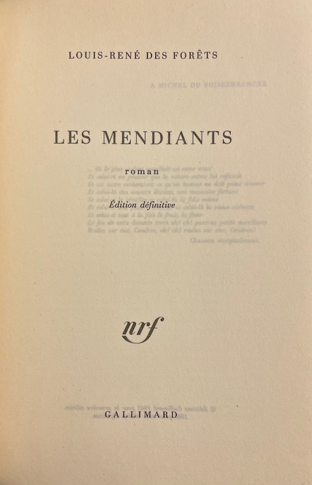 DES FORÊTS (Louis-René) Les mendiants. Roman Paris, Gallimard (coll. Blanche), 1986. – Image 3