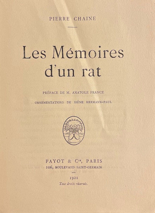 CHAINE (Pierre) Les mémoires d'un rat. Paris, Payot, 1921. – Image 2