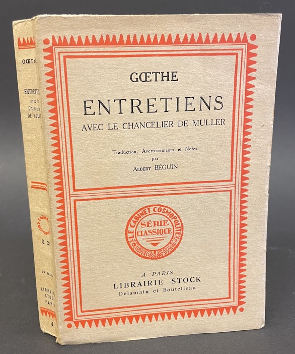 GOETHE (Johann Wolfgang von) Entretiens avec le chancelier de Muller. Paris, Stock (coll. "Le Cabinet cosmopolite"), 1930. – Image 2