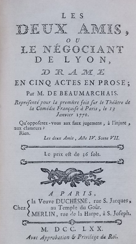 BEAUMARCHAIS (Pierre Augustin Caron de) Les deux amis, ou le négociant de Lyon. Drame en cinq actes en prose Paris, Veuve Duchesne et Merlin, 1770. – Image 2