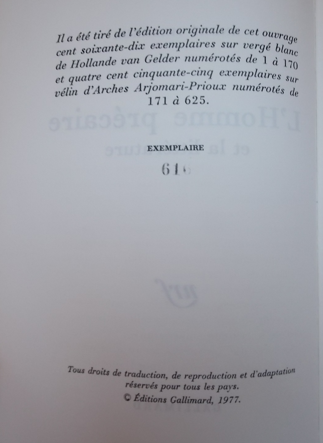 MALRAUX (André) L'homme précaire et la littérature. Paris, Gallimard (coll. "Blanche"), 1977. – Image 2