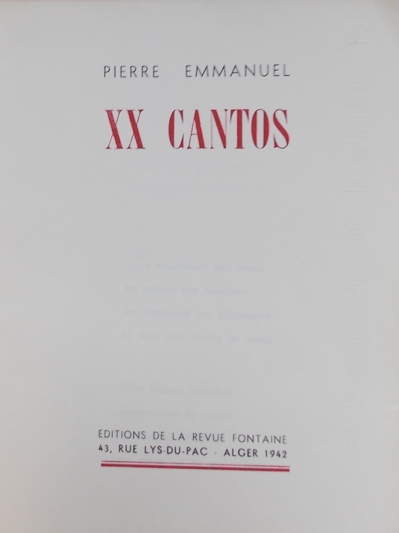 EMMANUEL (Pierre) XX Cantos. Alger, Editions de la Revue Fontaine, 1942. – Image 2