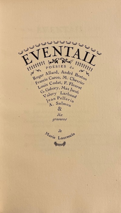 LAURENCIN (Marie) Eventail. Dix gravures, accompagnées de poésies nouvelles de Louis Codet, Jean Pellerin et de MM. Roger Allard, André Breton, Francis Carco, M. Chevrier, F. Fleuret, G. Gabor, Max Jacob, Valery Larbaud, A. Salmon. Paris, Editions de la Nouvelle Revue française, 1922. – Image 3