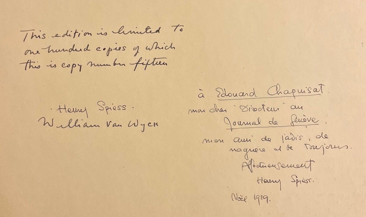 SPIESS (Henry) Le Passant. Translated in English by William Van Wyck. Sans lieu, chez l'auteur et le traducteur, 1929. – Image 2